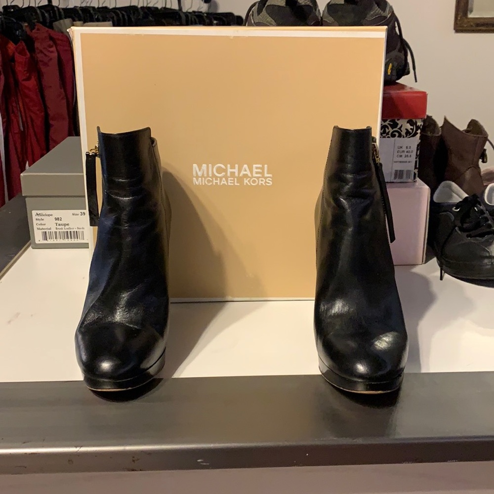 Black wedge booties in original box